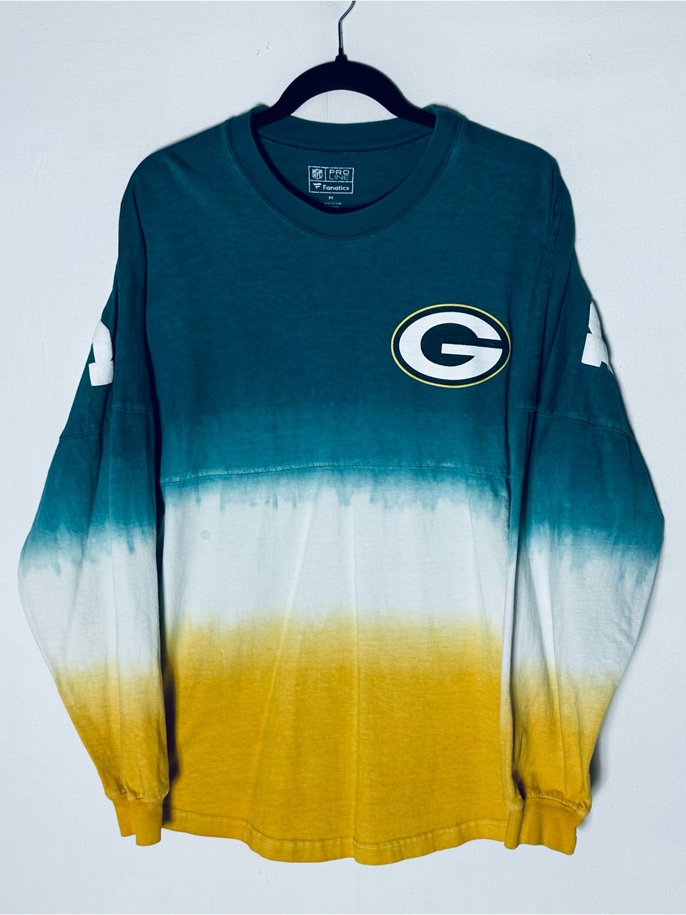 Fanatics NFL Green Bay Packers Spirit Jersey Ombre Tie Dye Long Sleeve Shirt M